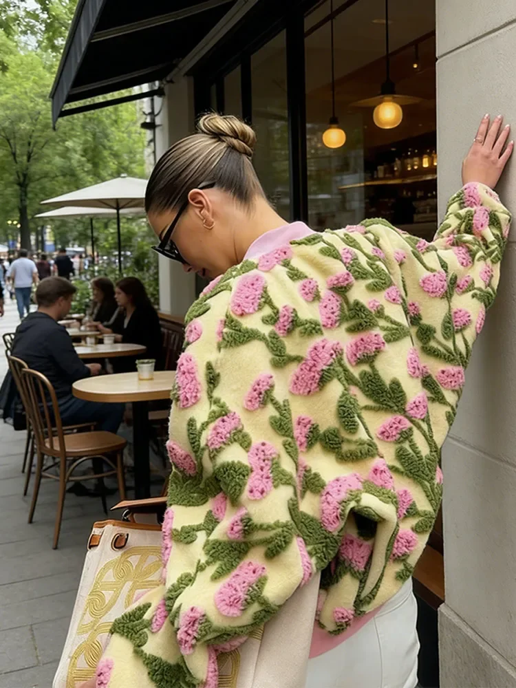 Women's Sweet 3d Floral Fleece Bomber Jacket Trendy Long Sleeve Color Block Collar Outwear  Zip Up Coat Casual High Streetwear