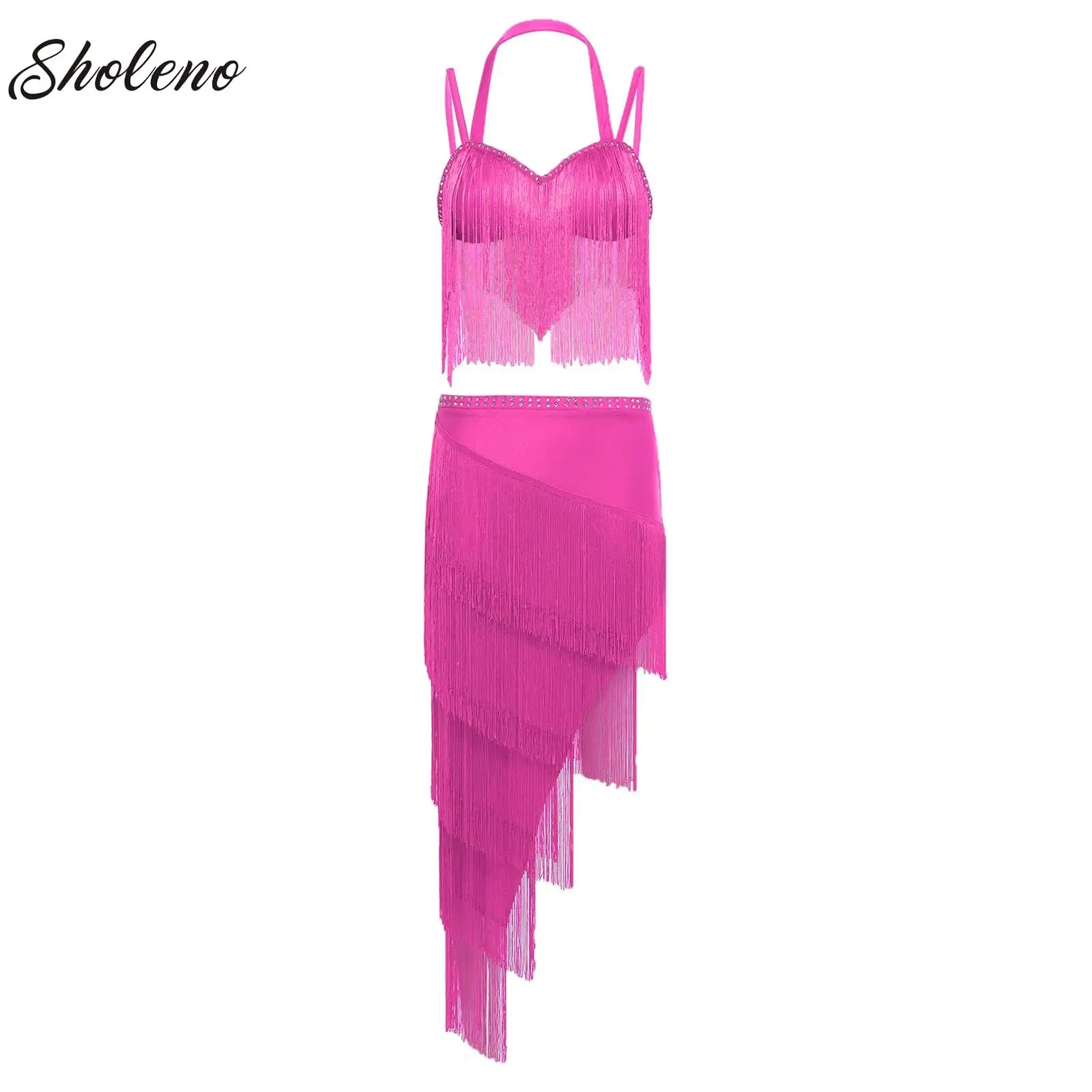 

Womens Latin Dance Outfit Halter Sleeveless Crop Top with Tassels Skirt for Samba Rumba Cha-Cha Belly Dance Competition Costume