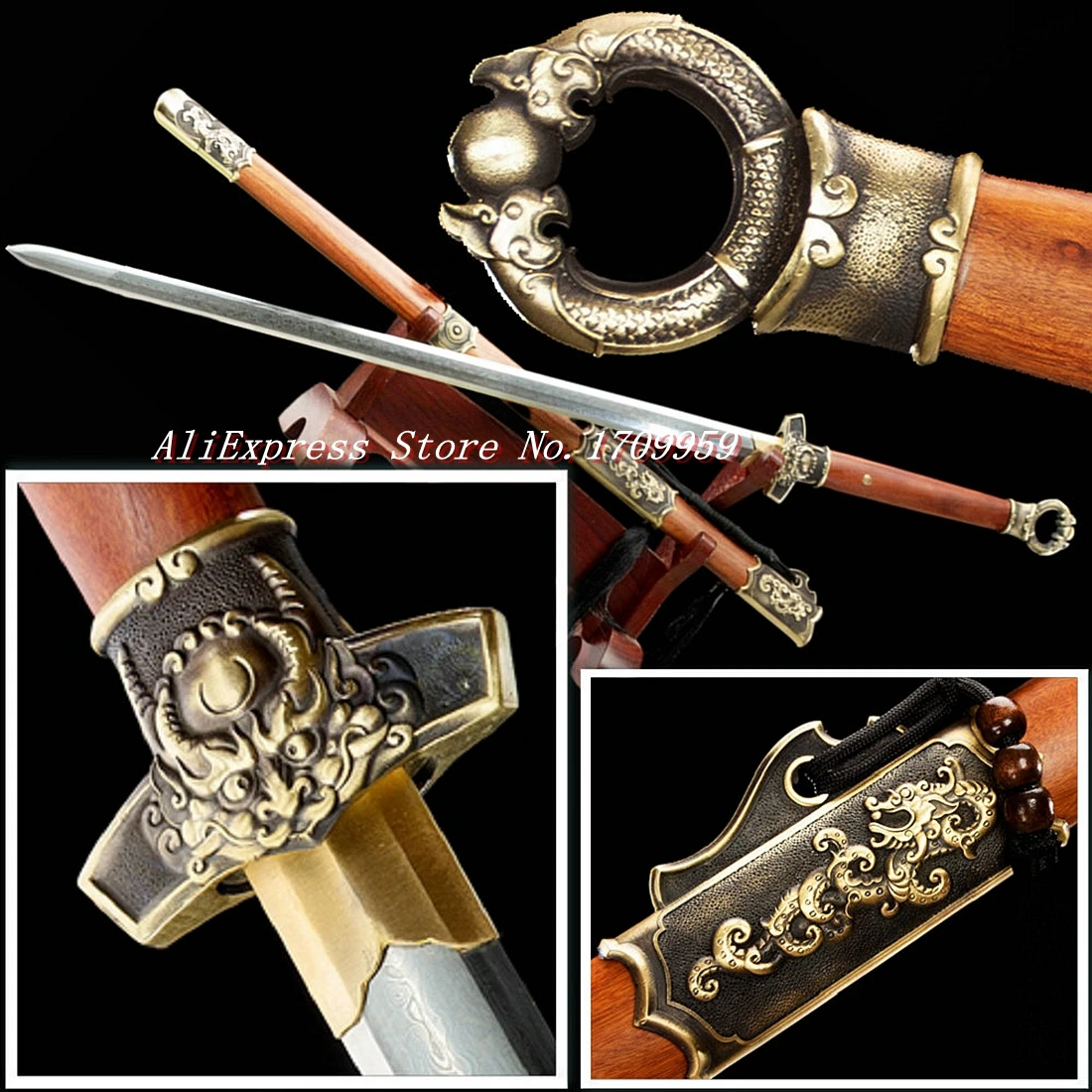 Dragon Theme Brass Fittings Chinese KungFu Sword TaiChi/Ring Head Tang Dynasty WuShu Jian Folded Damascus Steel Blade/Rose Wood