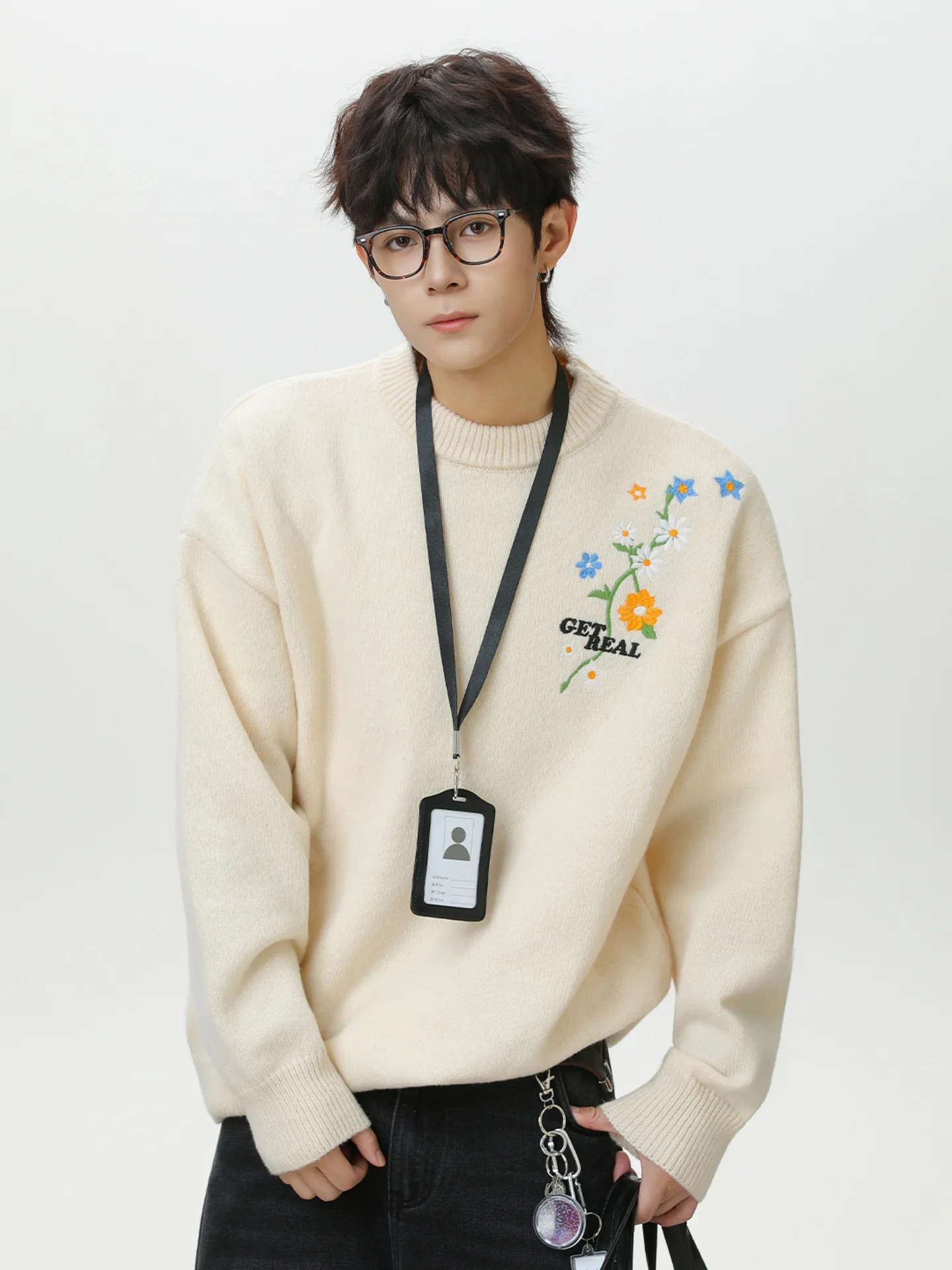 

Japanese Style Oversized Sweater Floral Embroidery Unisex Pullover Thickened Warm Knitwear Polyester Long Sleeve Casual Top