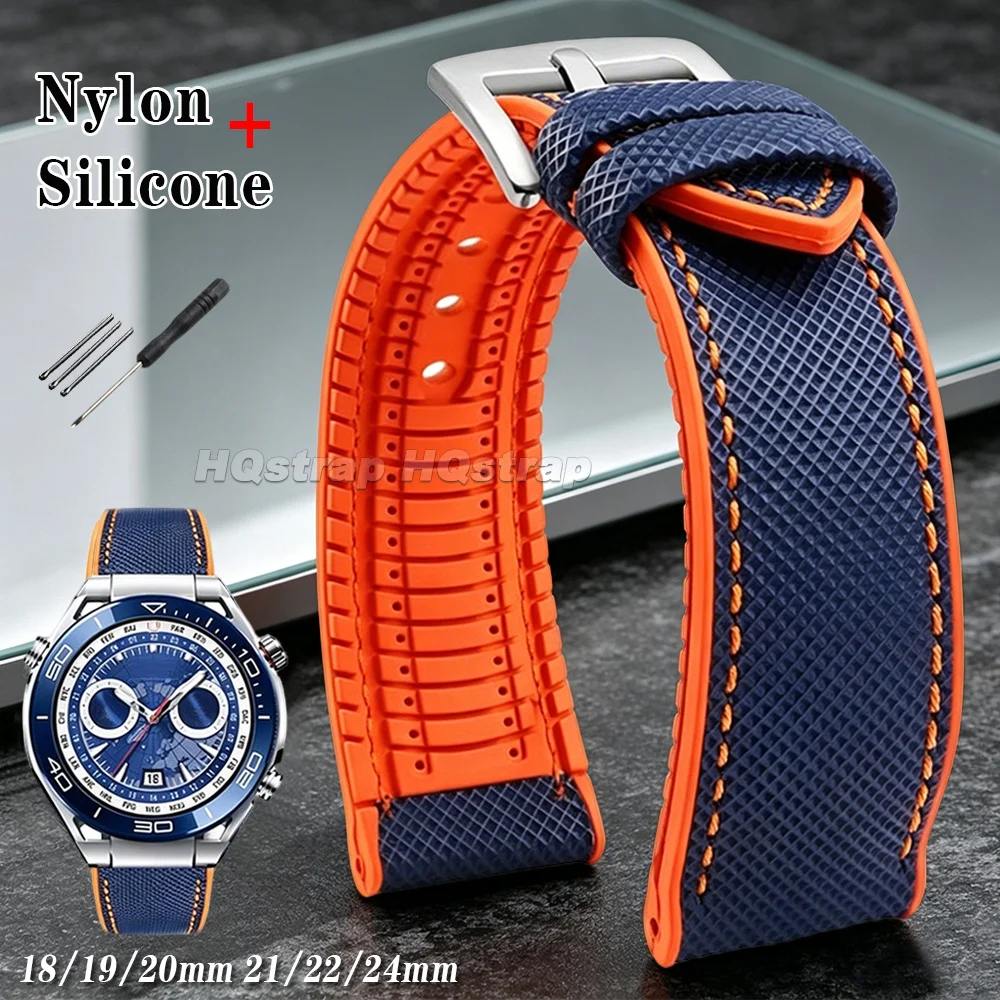 Nylon Sailcloth Rubber Hybrid Watch Strap 18mm 20mm 21mm 22mm Bracelet Waterproof Sweat-Proof Silicone Watch Band Accessories