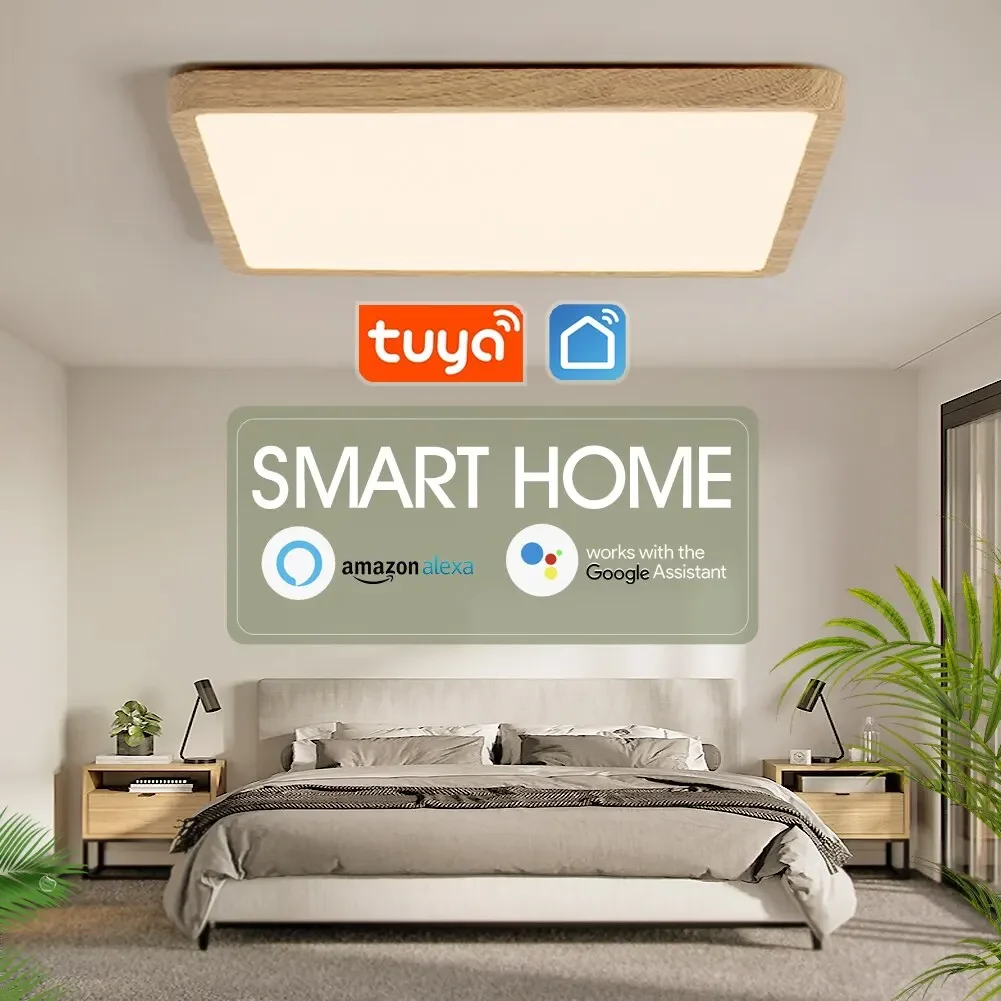 Tuya Smart Ceiling Lamp 36W Wood Grain Square Design LED Ceiling Light With Alexa Google Voice Control For Home Led Celing light