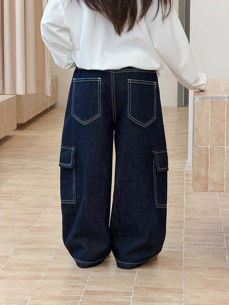 Children's Japanese Loose Casual Pants Korean Contrasting Color Bright Line Three-dimensional Pocket Workwear Jeans 5