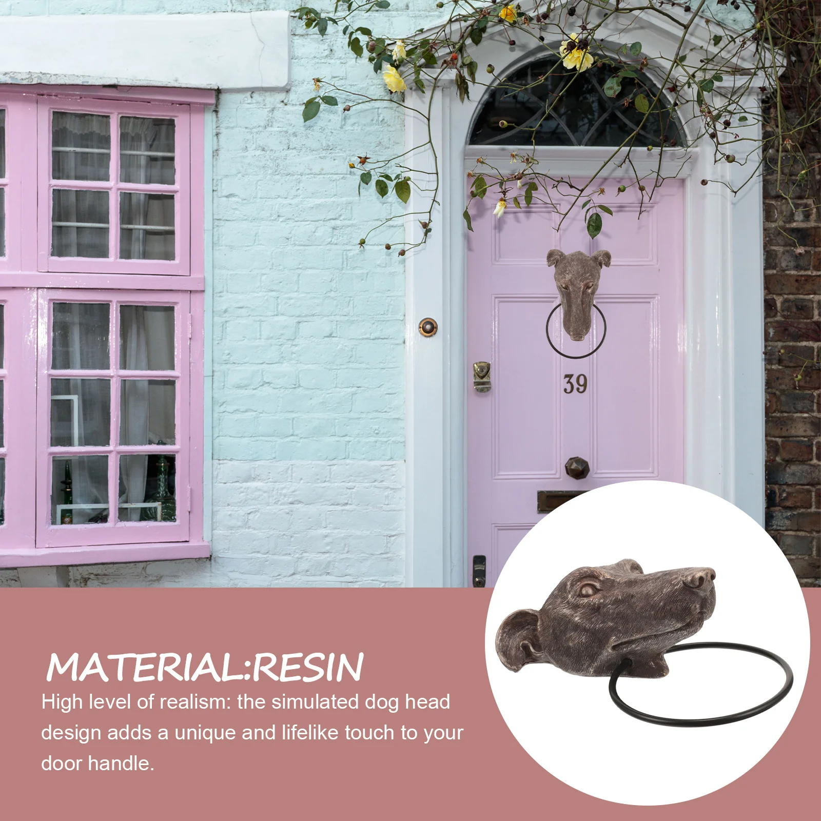 

Dog Head Door Knocker Resin Material Style Front Door Handle Knocker Exterior Home Decorative Security Accessory