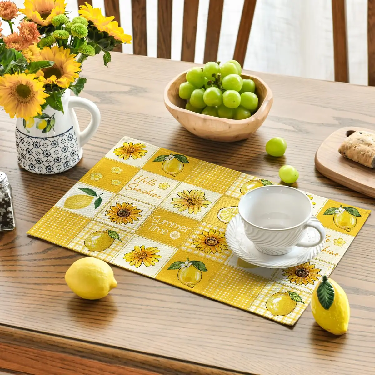 Plaid Lemon Sunflower Summer Placemats , 12x18 Inch Hello Sunshine Table Mats for Party Kitchen Dining Decoration