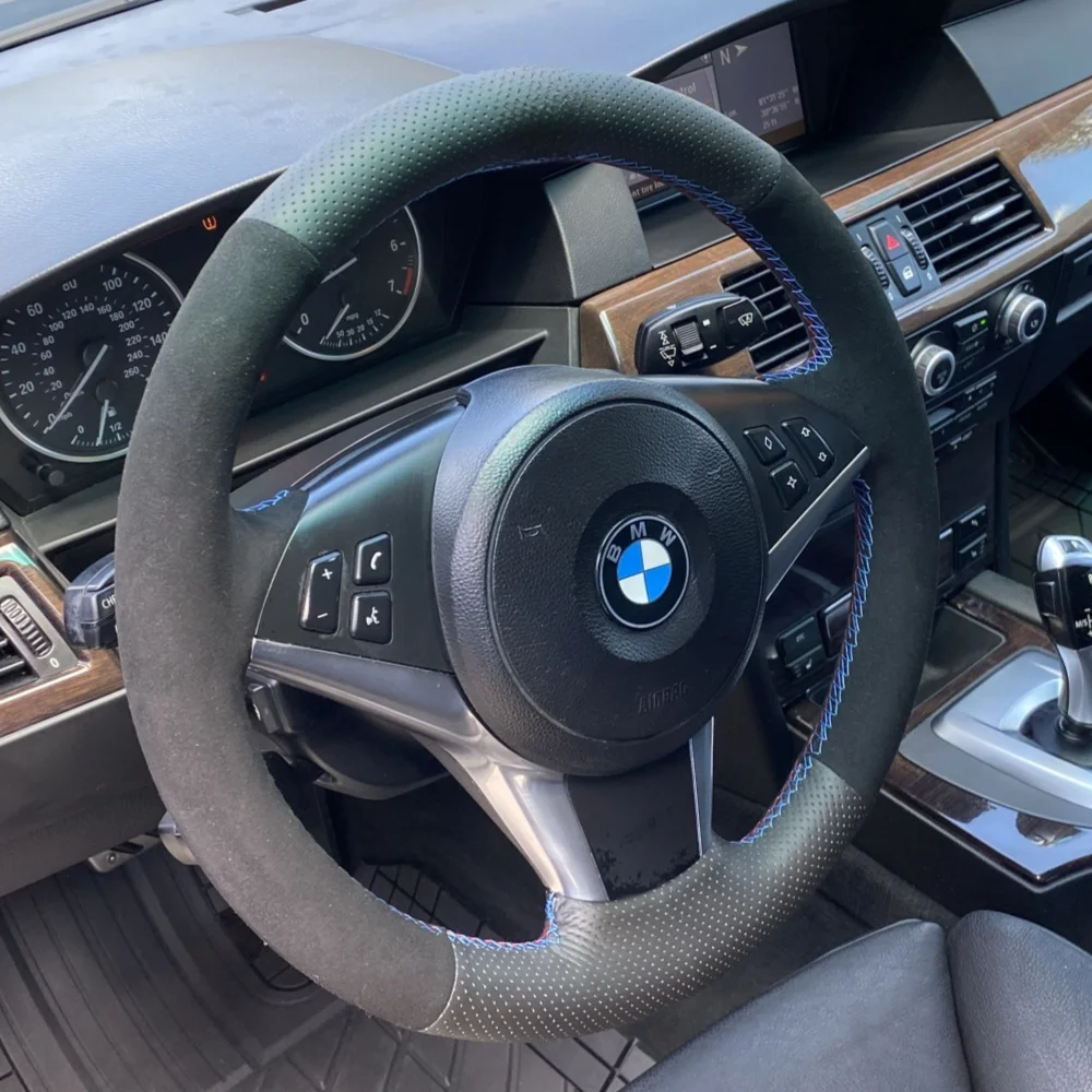 Custom Car Steering Wheel Cover DIY Anti-Slip Suede Leather For BMW E60 E61 530d 545i 550i E63 E64 630i 645Ci 650i Steering Wrap