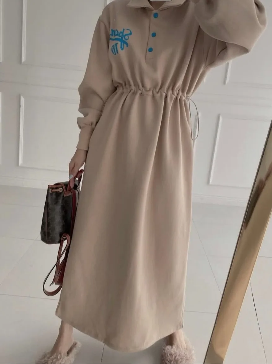 Vestido de Mole com Efeito Emaecedor, Gola , Estampa, Cintura com Cordão, Estilo Vintage E, Moda Outono Inverno