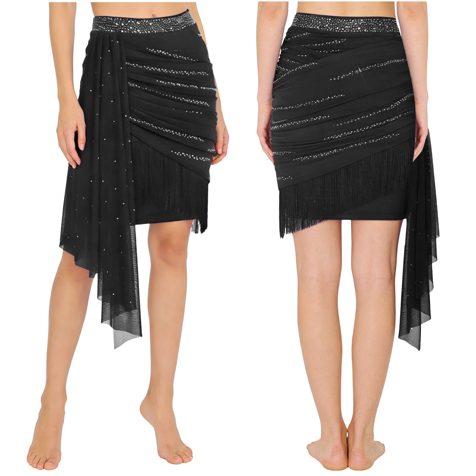 Damskie spódnice do tańca latynoamerykańskiego salsa rumba jazz tango, kostiumy sceniczne, błyszczące dżety, kostiumy do występów, przezroczysta spódnica z siateczki.