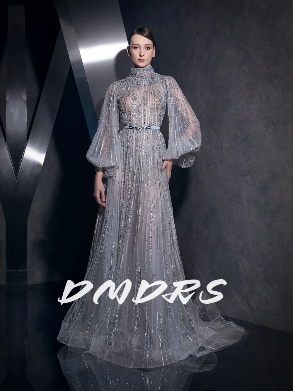 

DMDRS Statement Puff Sleeves Sequined Evening Dress A Line Beautiful High Neckline Delicate Customized Dazzling Prom Gown