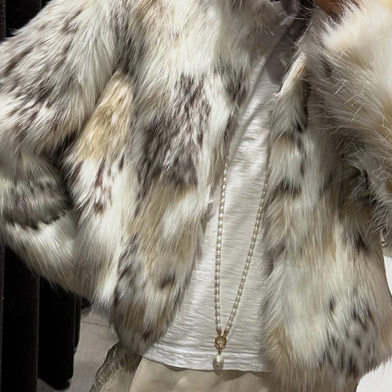 HXAO 2025 ليوبارد رقيق سترة سترة نسائية أفخم فو الفراء معطف ديمي الموسم المحاصيل شعر ملابس خارجية محشوة كم طويل جاكيتات #6