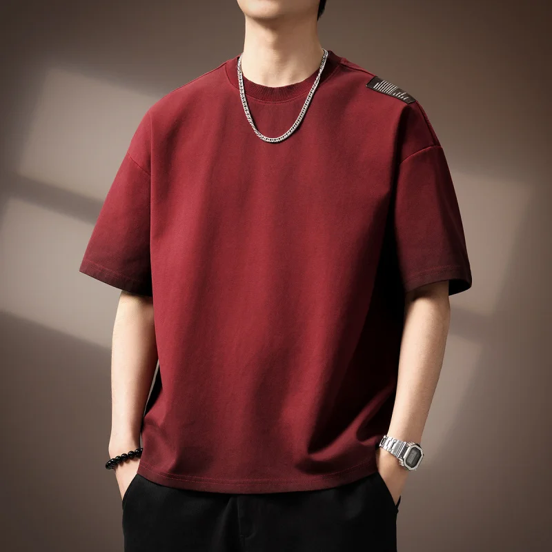 

Fashionable solid color simple T-shirt men's 2025 summer trendy loose plus size round neck casual short sleeved top
