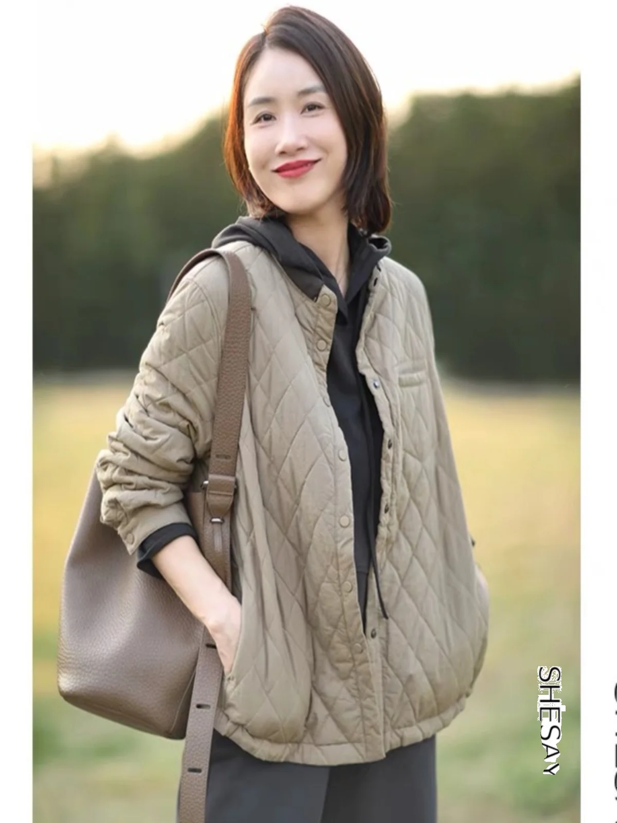 Casual solto ort algodão jaet feminino artístico gola diamante estampado casaco coreano sle botão detalhando