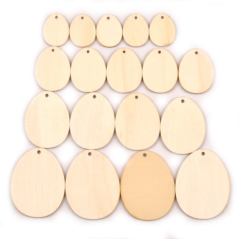 30-80mm Wooden Easter Eggs Pendants Blank Bunny Eggs Wood Chips Happy Easter Party Hanging Decoration Kids DIY Painting Crafts