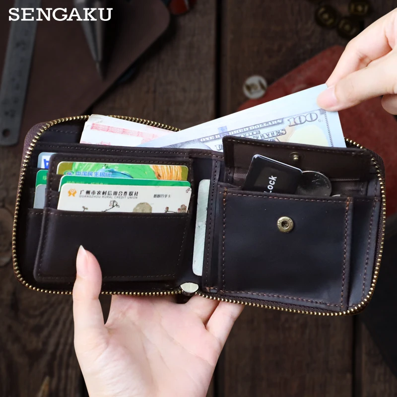 

Men Crazy horse Genuine Leather Coin Wallet Real Leather Snap Short Purse Women Coin Pocket Zip Around Small Trifold Pocket