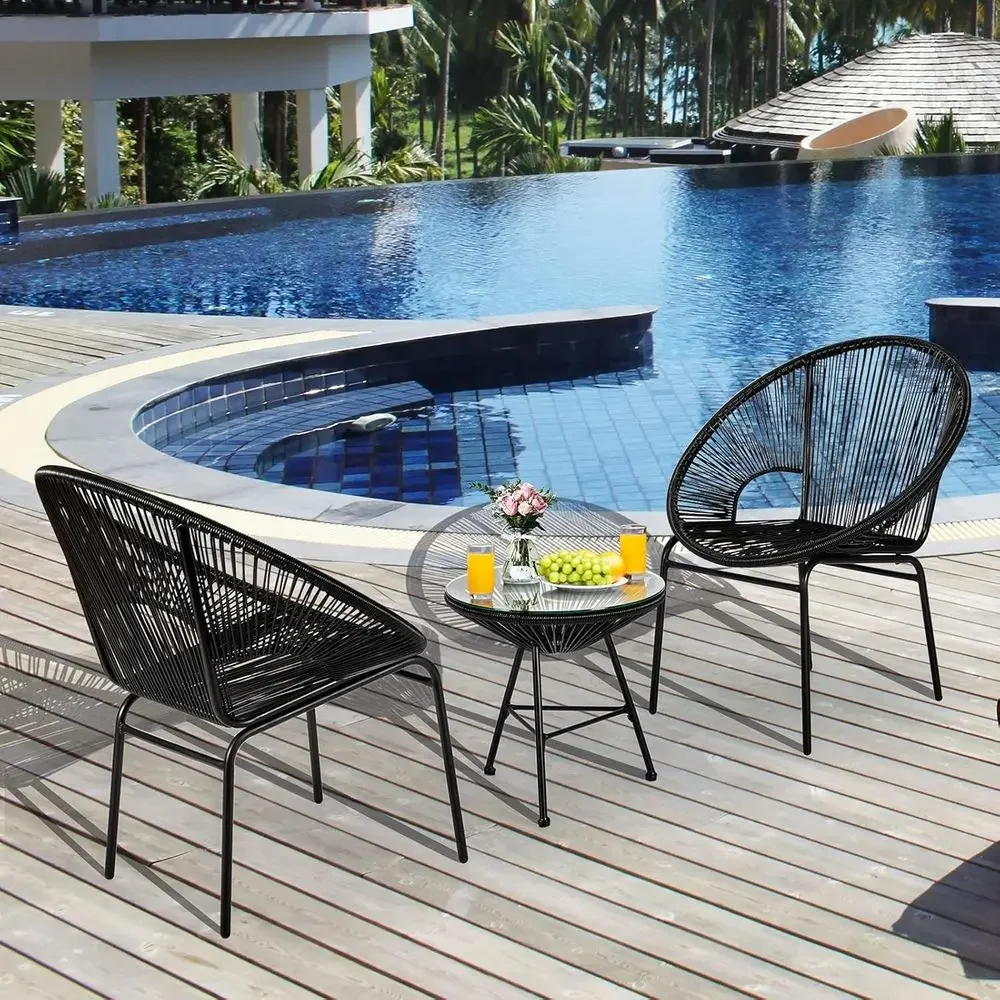 3-Piece Outdoor Bistro Set with Wicker Chairs and Tempered Glass Table for Patio, Balcony, Garden, and Backyard