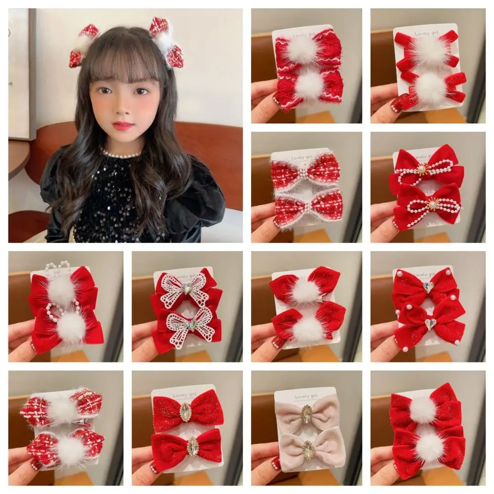 Chinese New Year Red Bow Hairpin Girl Children\'s Plush Red Bowknot Hair Clip Headwear Hanfu Headdress Hair Accessories