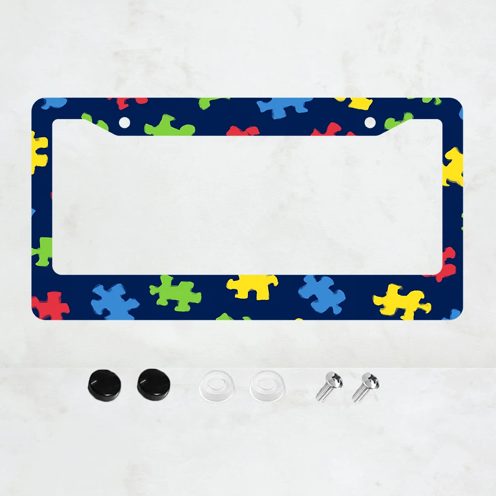 

1 шт. синяя рамка для номерного знака с 2 отверстиями и разноцветными элементами в виде пазлов, алюминиевая, 6x12 дюймов, с винтами, стандартный размер США.