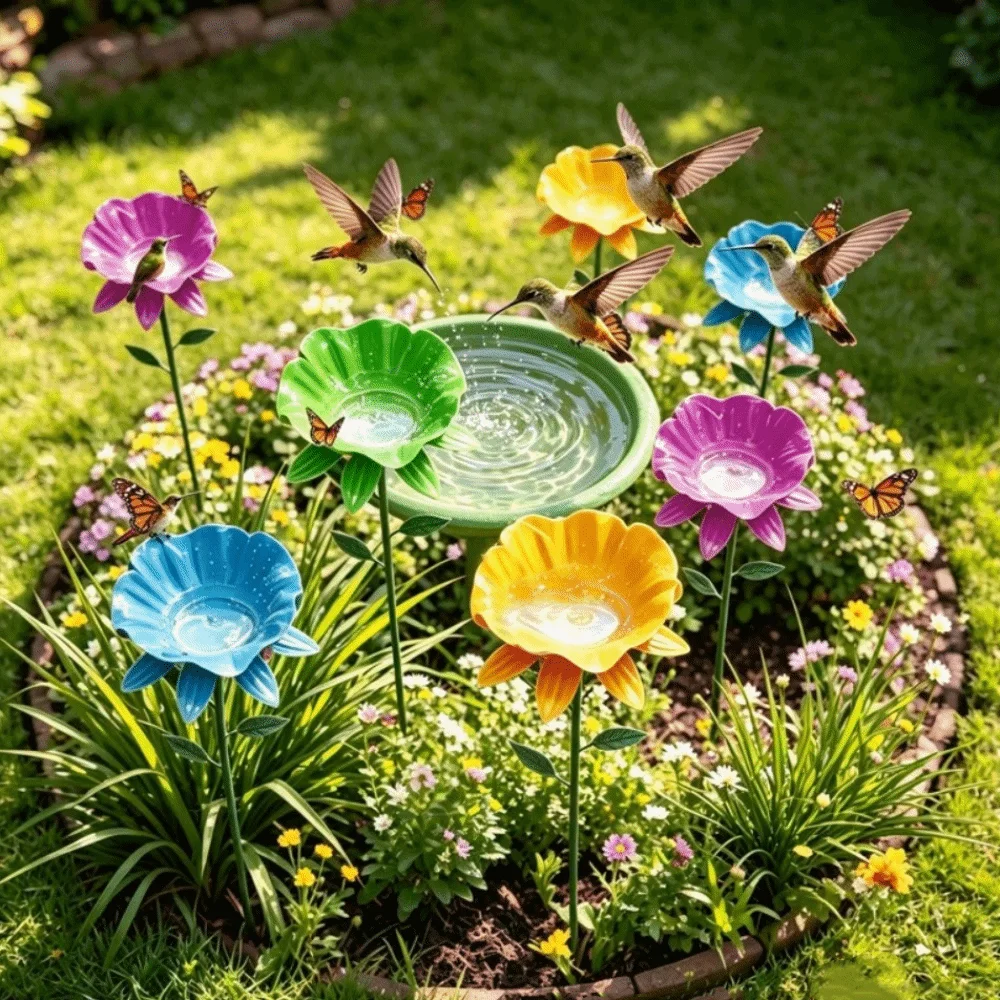 Flower Shape Metal Garden Birdbath Handcrafted Rust Resistant Bird Bath Stake Weather Resistant Wavy Curved Petal