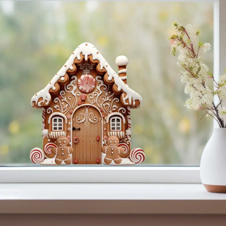 Christmas Village House Wall Sticker - Gingerbread House Decor with Peppermint Candy Cane