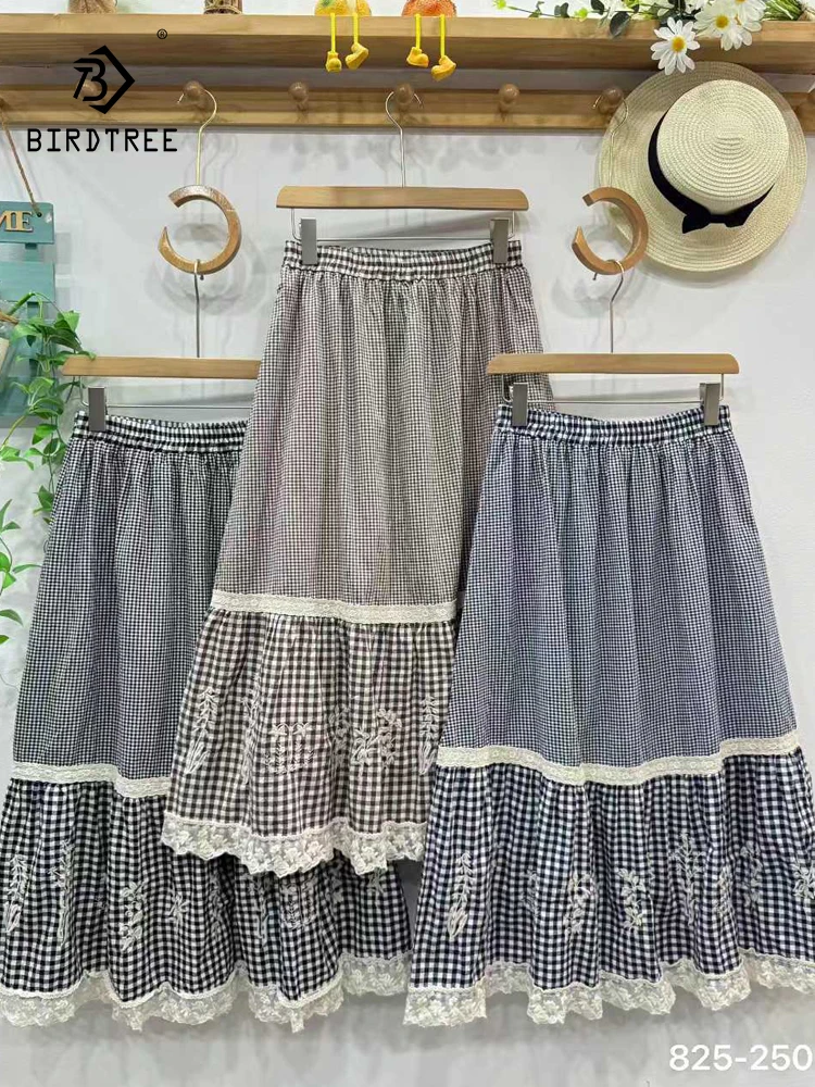 

Новая осенняя хлопковая юбка 2025, женская клетчатая кружевная юбка в клетку с эластичной резинкой на талии, милая свободная юбка трапециевидной формы в стиле Mori Girl во французском стиле ретро B5O524CC