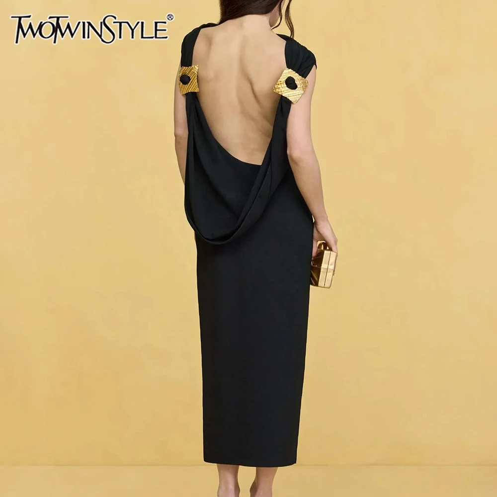 TWOTWINSTYLE الصلبة تقسم مطرزة فساتين أنيقة للنساء الجولة الرقبة أكمام عارية الذراعين فستان مثير ملابس عصرية الإناث