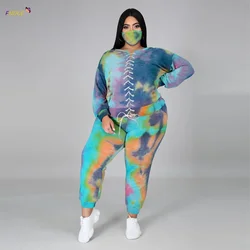 FNOCE Women's Clothes Plus Size Sets 2024 Autumn Urban Three-Piece O-Neck Sweater Tie-Dye Fashion Long Sleeve Loose Leisure Suit