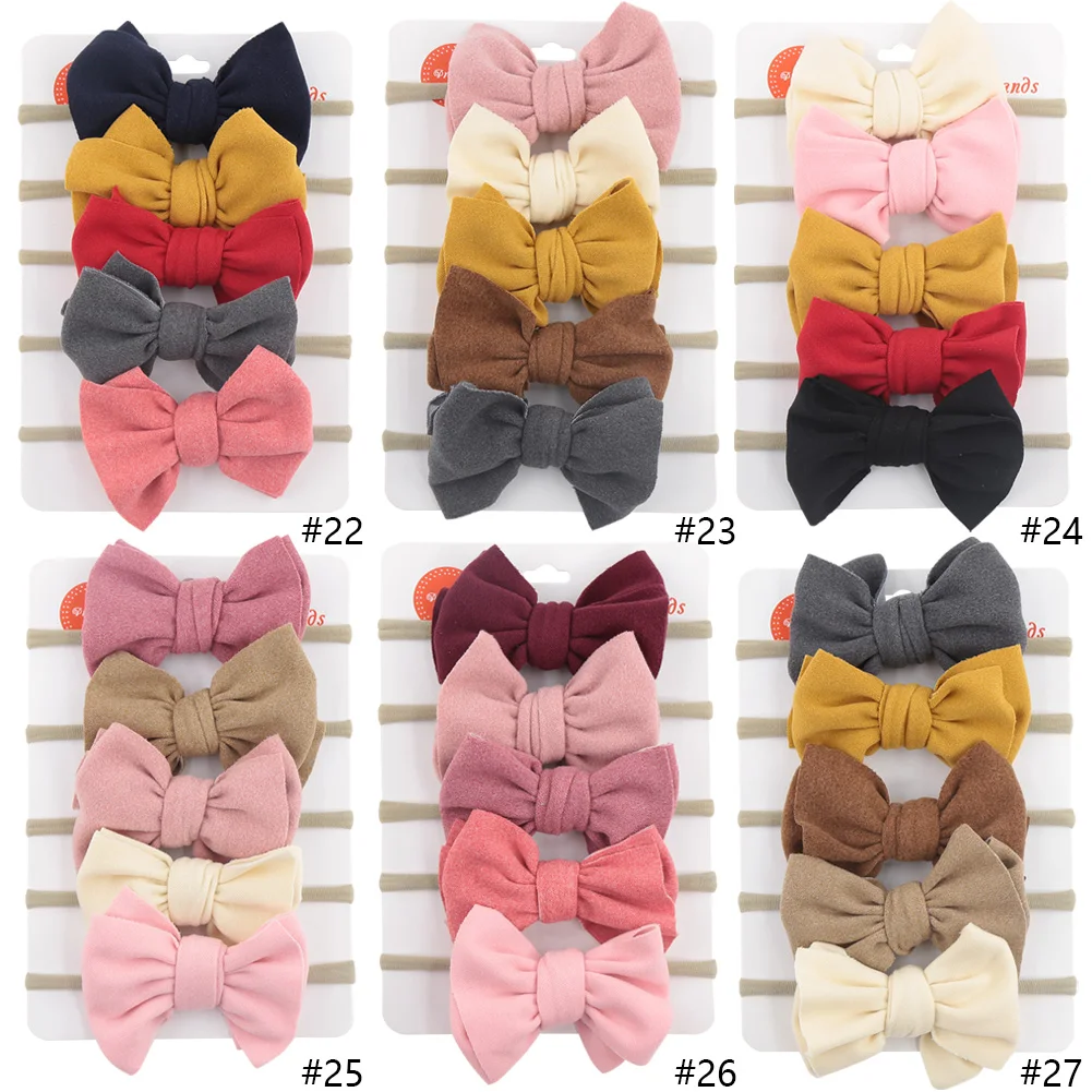 5Pcs/Lot Solid Bow Headband Faux Suede Polyester Waffle Elastic Nylon Hair Bands Newborn Fashion Baby Boys Girls Headwraps