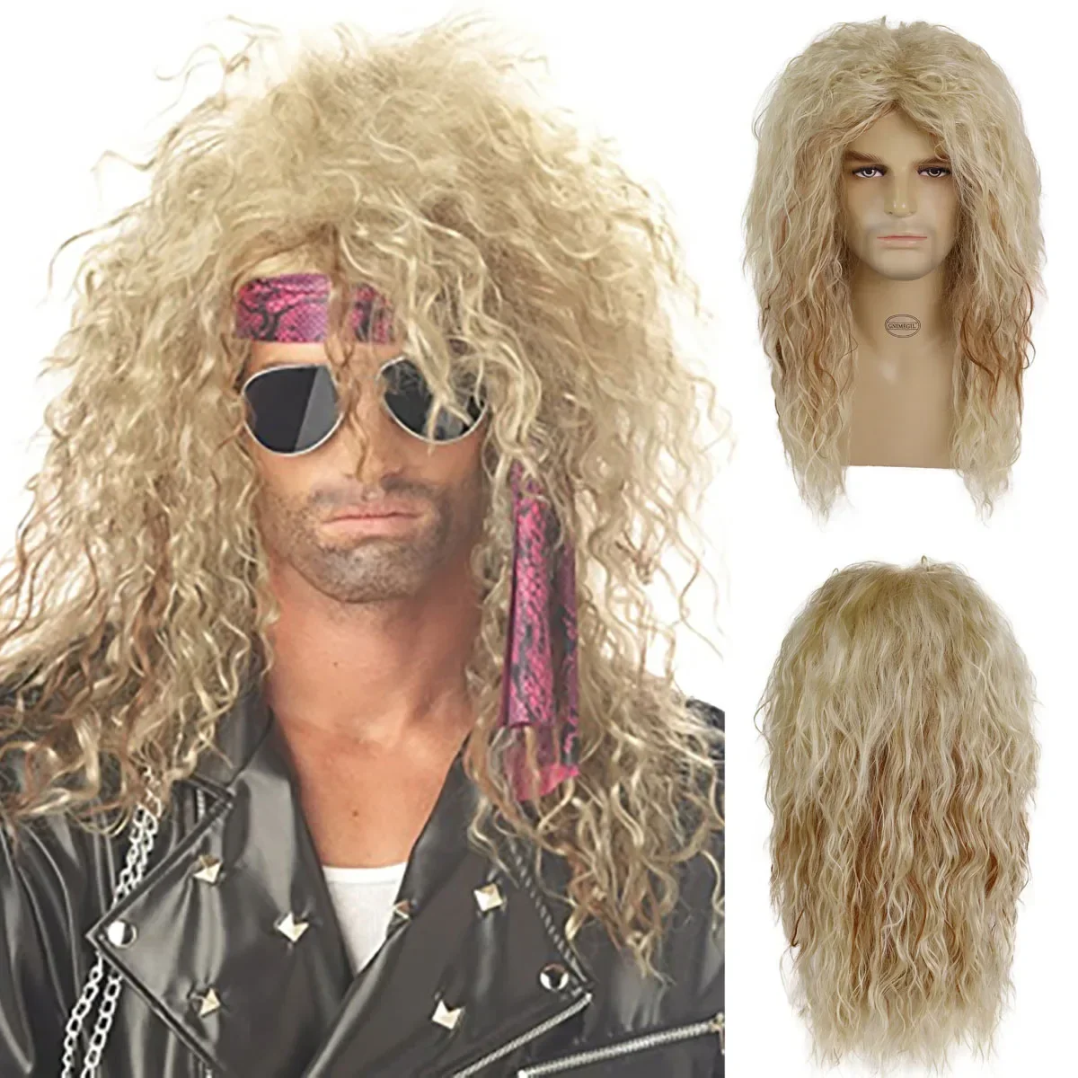 GNIMEGIL Synthetic 80s Punk Heavy Metal Rock Man Wig Long Curly Hair Blonde Wig for Men Natural Wave Wig Disco Cosplay Costume