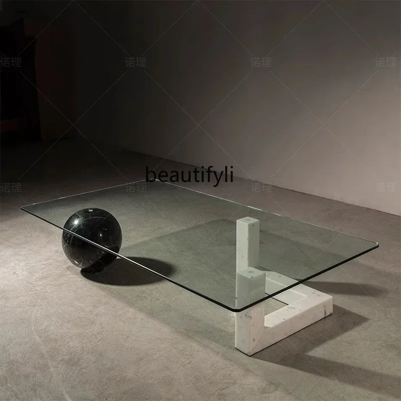 Light luxury personalized natural marble creative table  extremely simple transparent square tempered glass coffee table