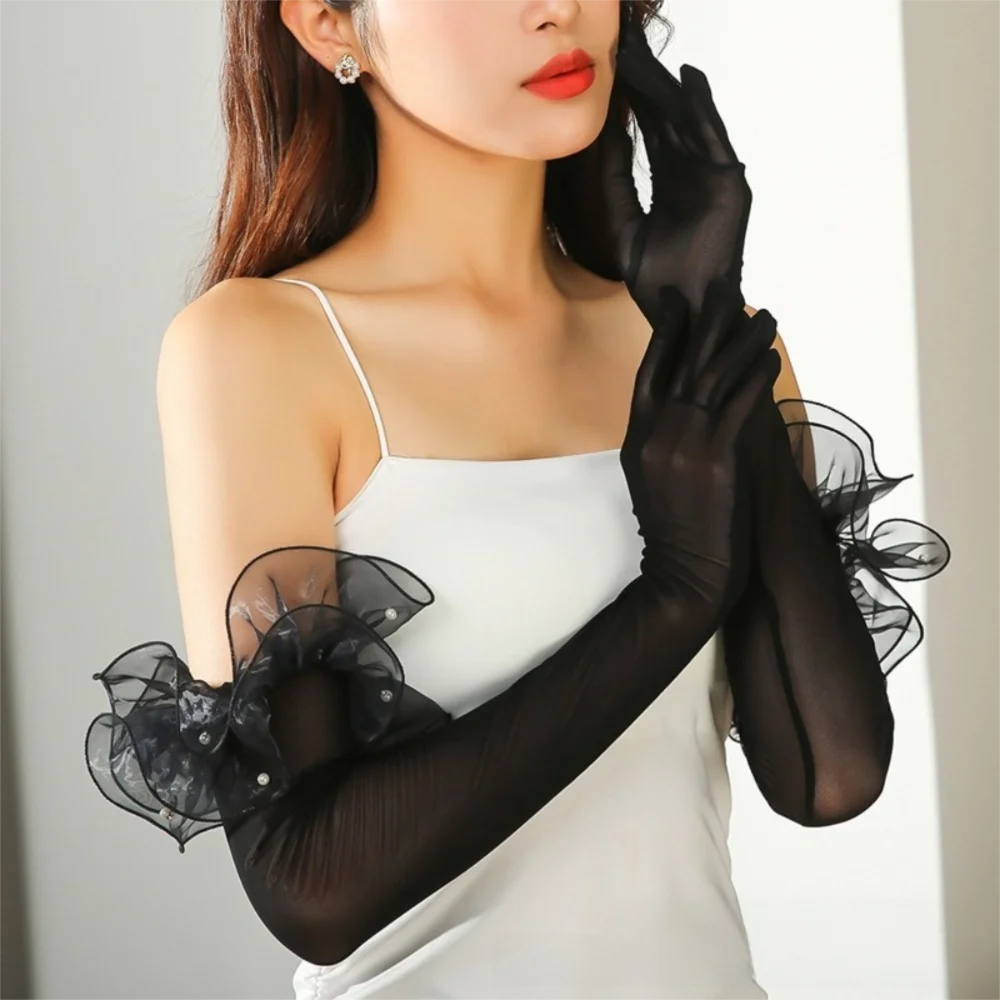 Fashion Black Silk Long Gloves Perspective Lace Pearl Etiquette Gloves Sunscreen Sleeves Women