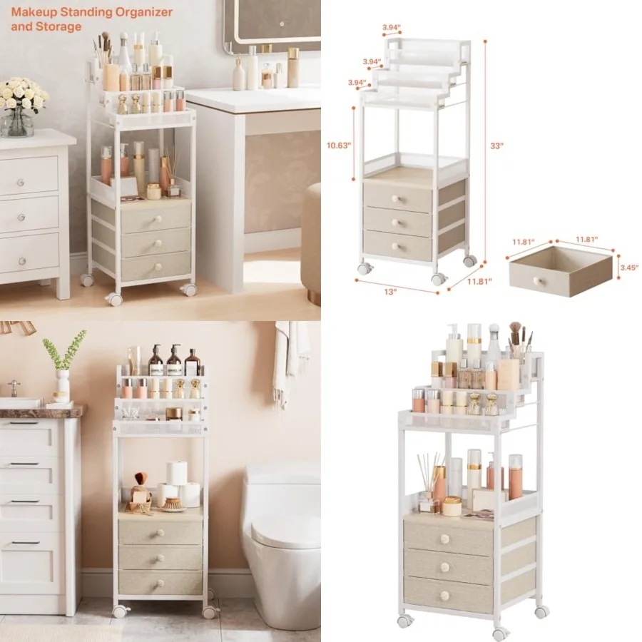 

Bathroom Stand, Makeup Organizer Storage with Drawers, 13 Inch Large Floor Rolling Skincare Organizer Cart, 3-Tier Vanity Tray