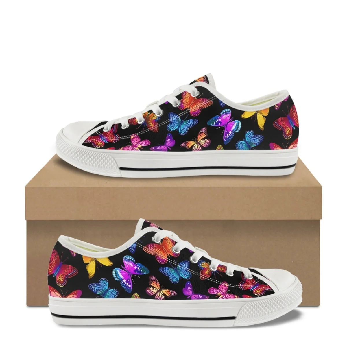 Zwarte Schoenen Voor Vrouwen Kleurrijke Vlinder Slijtvast Ronde Neus Gevulkaniseerde Canvas Schoen Custom Design Flat Zapatos Para Mujeres