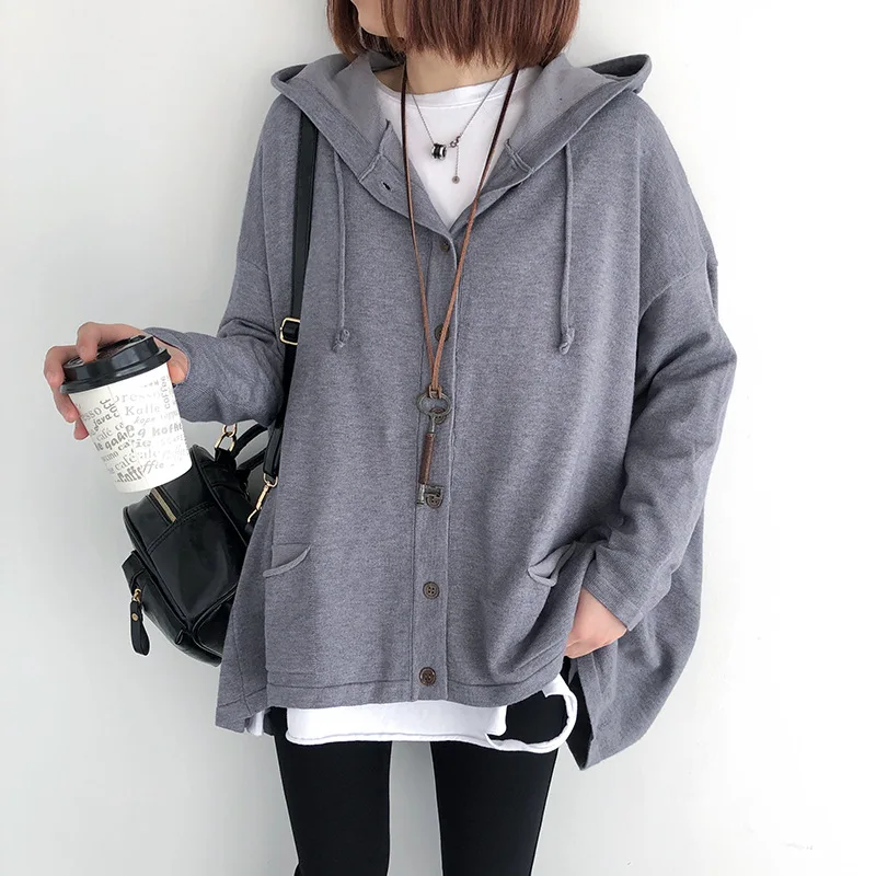 Women Knitted Hooded Sweaters Button Solid Color Long Sleeve Autumn Clothes 2023 New Pockets Soft Female Sweaters