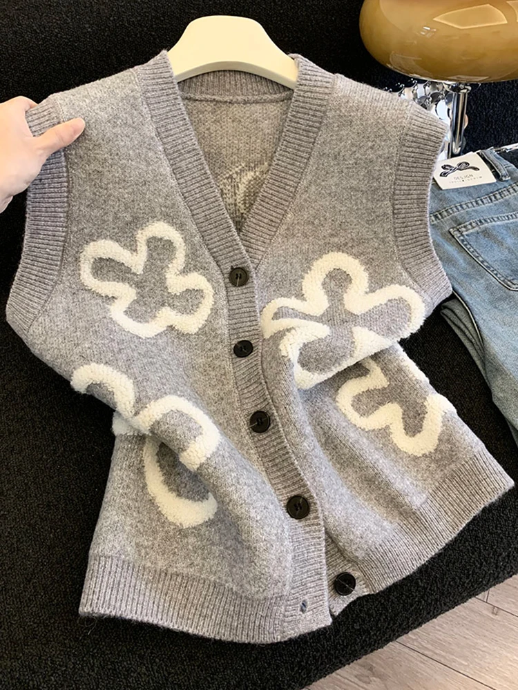 

Chao Level Recommended Autumn Winter New Sle Women's Knitted V-Ne Open Cardigan Vest 3D Flower Design Warmth Outerwear