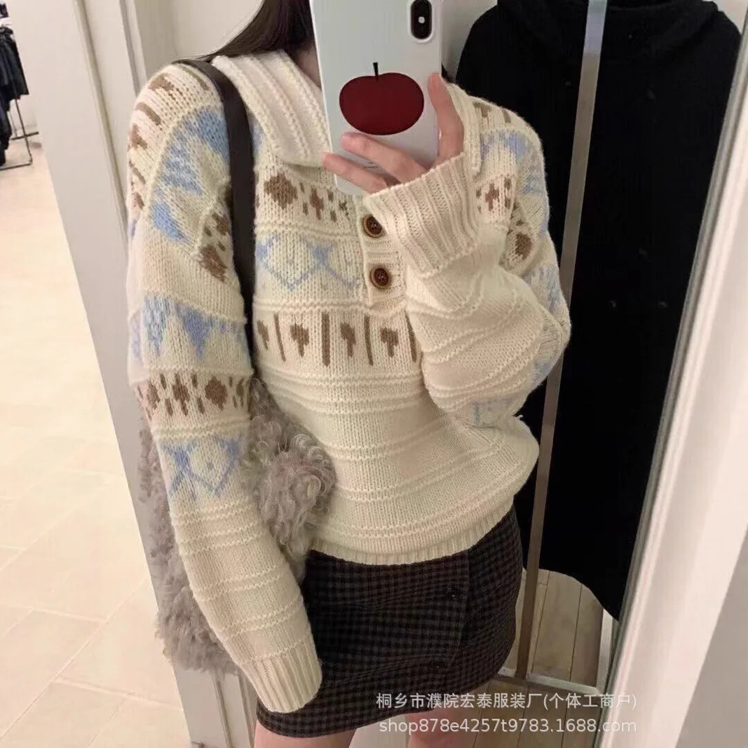 

Soft Glutinous Jacquard Sweater for Women, New Autumn and Winter Styles, Artistic Retro Style, Lapel Knit Pullover
