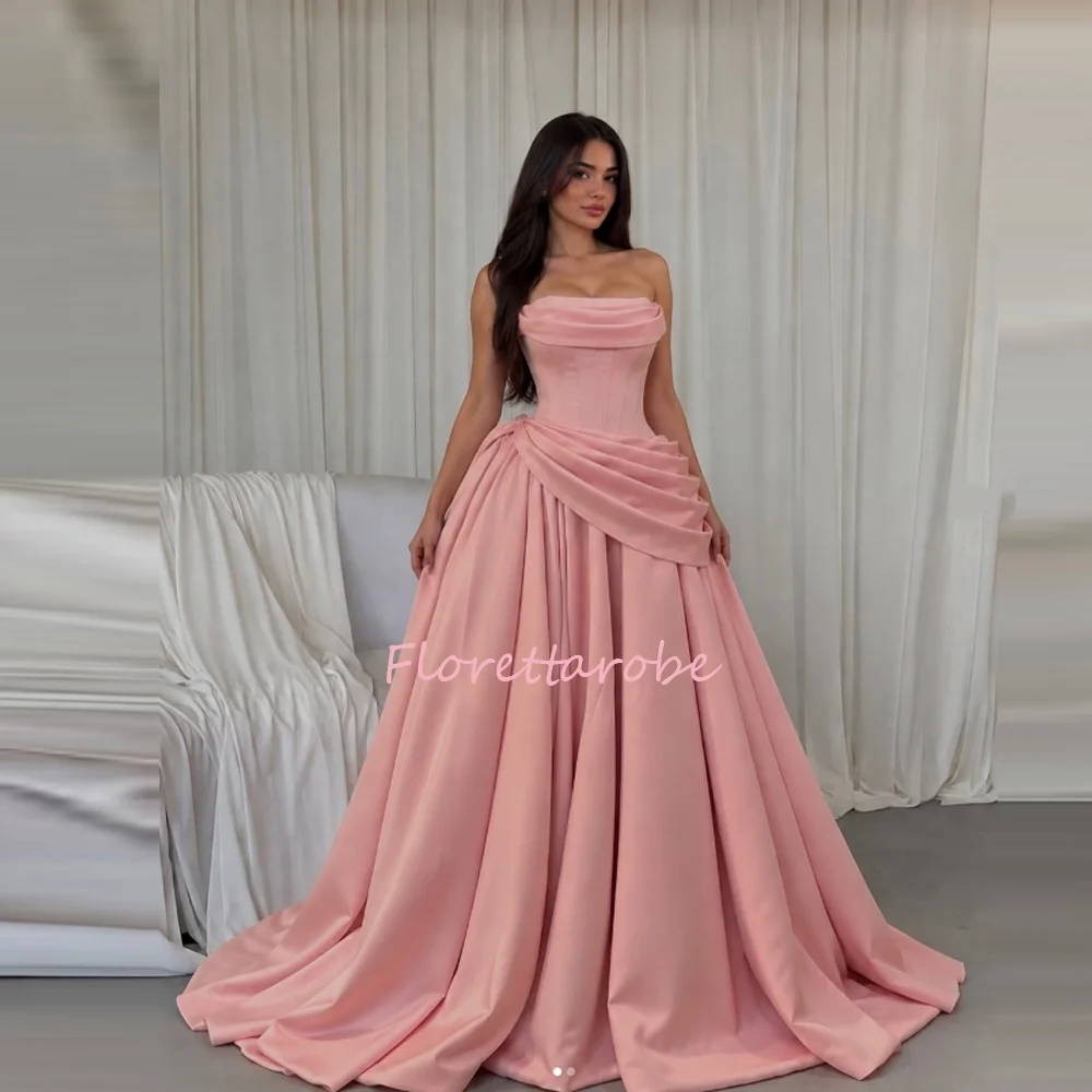Modern Pink Evening Dresses Strapless Elegant A Line Prom Gowns Sleeveless Party Gown Pleat Vestidos De Novia Customized