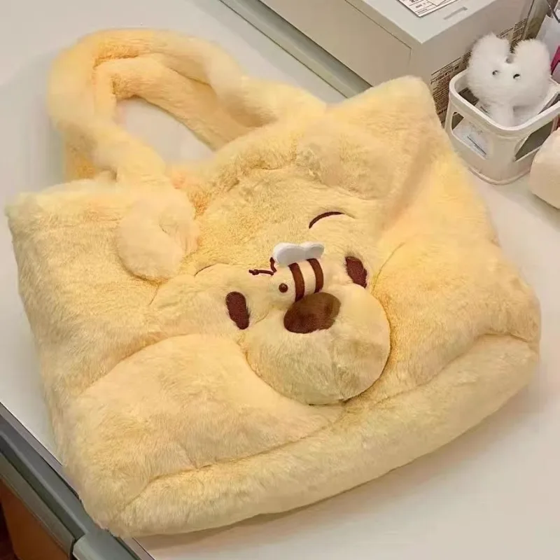 2025 جديد الخريف والشتاء سعة كبيرة واحدة حقيبة كتف ويني الدب حقيبة قطيفة طالب ركاب حقيبة يد