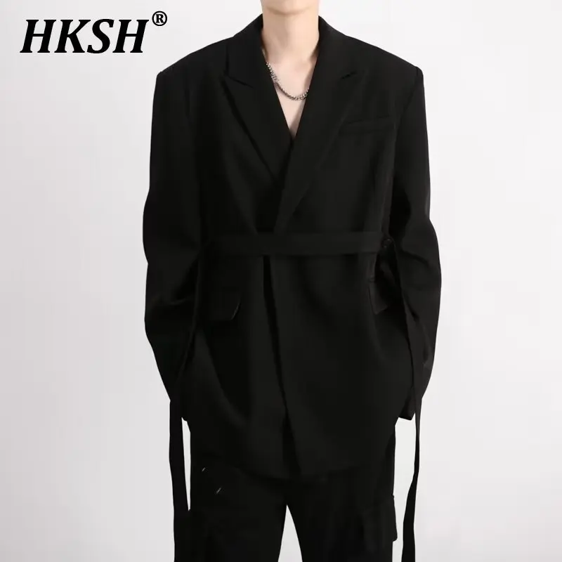 HKSH Autumn Spring Men's Tide Dark Waist Cinching Design Niche Belt Casual Korean Shoulder Pad Blazer Japanese Chic Coat HK2503