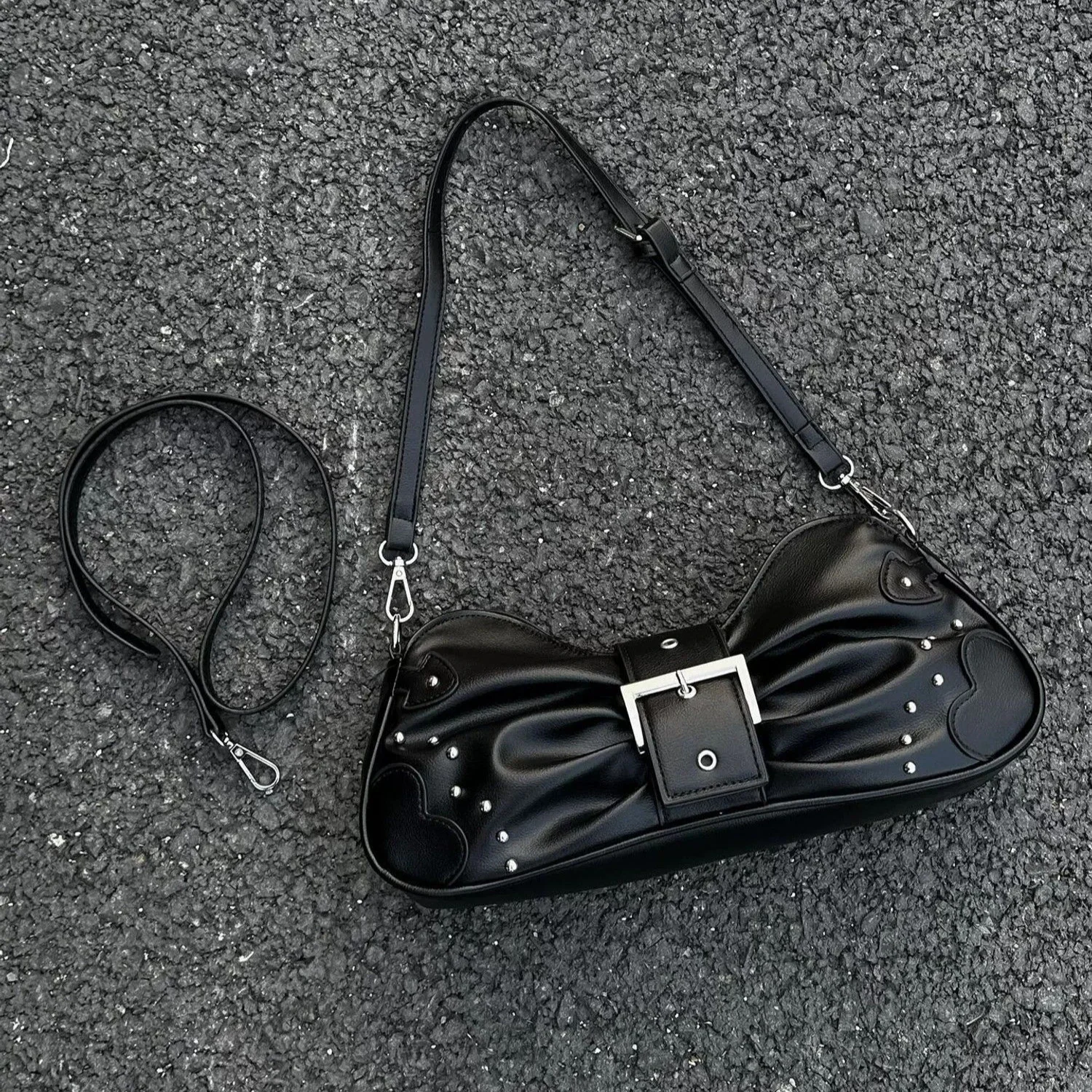 

Black Cool Bow American Retro Y2k Harajuku Style PU Leather Rivets Shoulder Bag Storage Bag Handbag Purses Women Bags