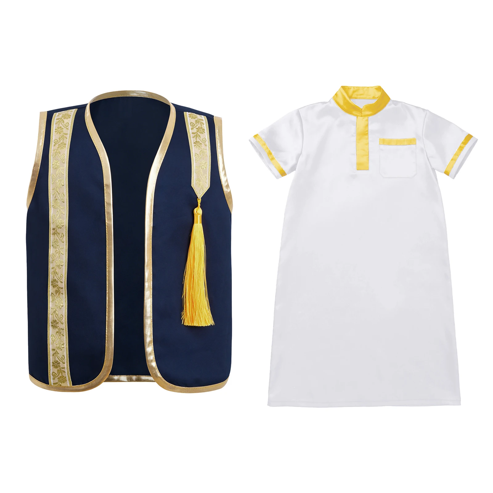 Muslim Boys Robe Baby Arab Dubai Ramadan Eid Abaya Kaftan Outfits Metallic Shiny Trim Tassel Open Front Vest with Satin Gown