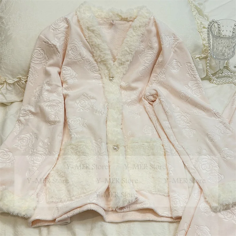 

Флисовый пижамный костюм с тиснением розового острова, милая одежда для дома в стиле принцессы, женская верхняя одежда, 2 предмета, домашняя одежда, осенне-зимние пижамы