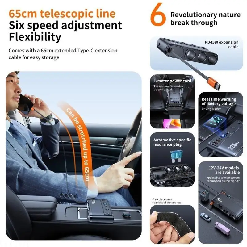 G7NA 9 in 1 Power Outlet Splitter Car Chargers 228W Large Power Featuring Retractable Cable