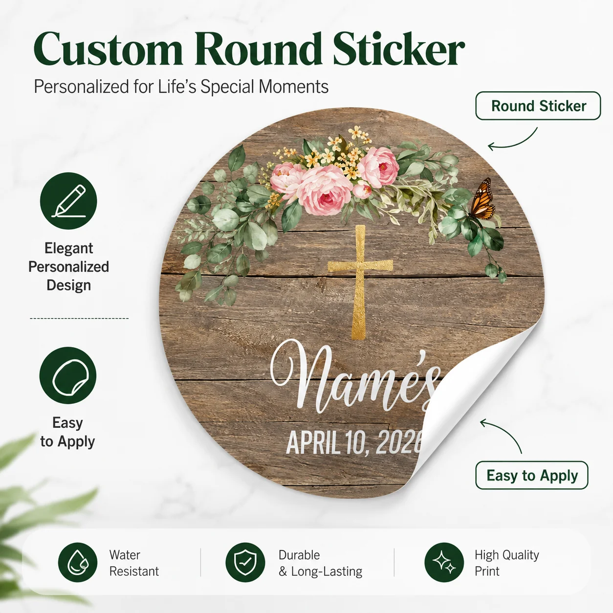 Customized First Communion thank-you stickers, personalized rustic wooden floral design, paired with a golden cross, elegant tags suitable for First Communion gifts and giveaways - view 4