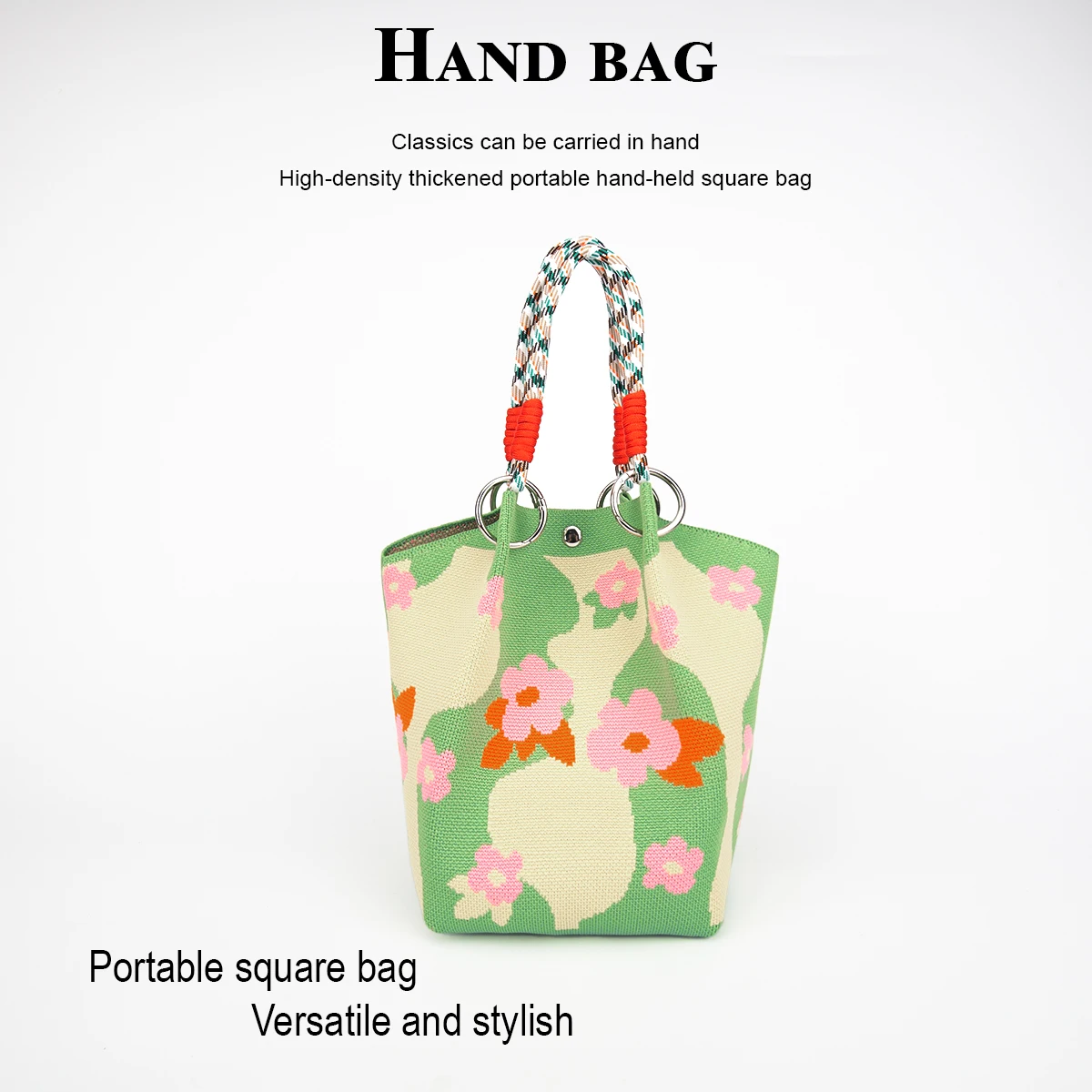 Bolsa de malha fresca para a primavera com fecho magnético, grande capacidade para guardar telefones, livros, garrafas de água, cosméticos, adequada para deslocamentos diários, compras, fotografia, viagens, férias e uso em deslocamentos, versátil para todas as estações, com fivela de anel removível e alça de corda resistente multicolorida.