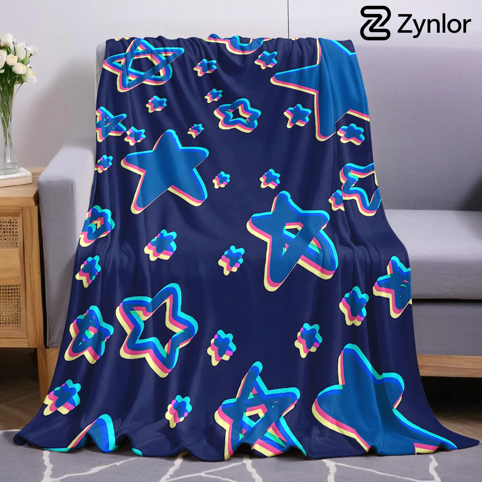 Navy Cyan Glitch Stars Cartoon Anime Print Flannel Blanket Soft Warm Throw for Kids Bedroom Sofa Bed Christmas Office Car