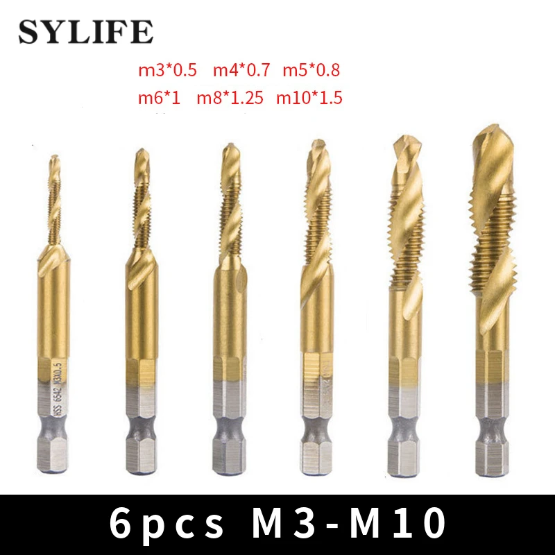 

6Pcs M3 M4 M5 M6 M8 M10 Tap Drill Bit Set Hex Shank Titanium Plated HSS Screw Thread Bit Screw Machine Compound Tap Hand Tools