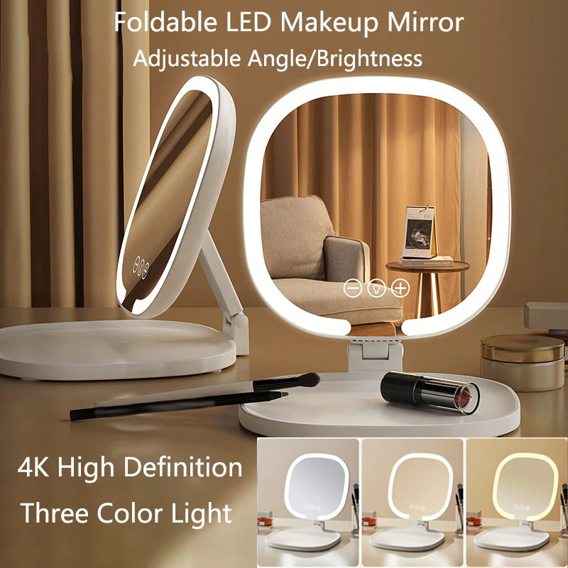 Foldable Three Color LED Light Makeup Mirror Desktop Bedroom Vanity Mirror Intelligent Control Adjustable 4K HD Cosmetic Mirrors