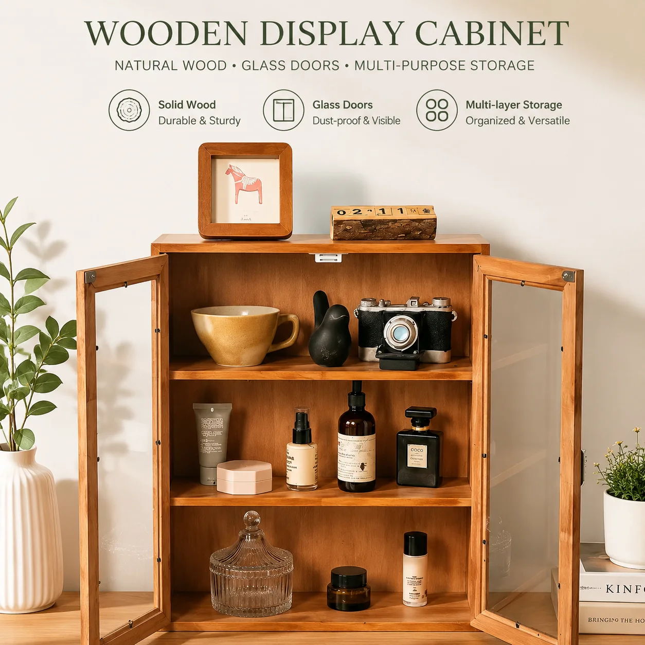 Vintage Handcrafted Storage Cabinet Multi-Layer Wooden Organizer Tea Set Display Cabinet Decorative Two-Door Storage Unit