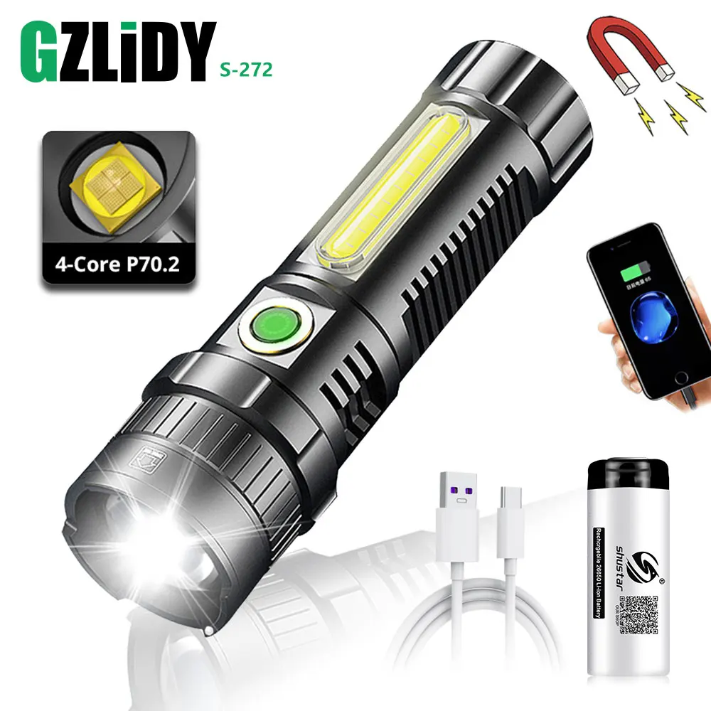 

Powerful LED XHP70.2 Flashlight USB Rechargeable COB Torch Waterproof Zoom Lantern with Power Display Super Bright 26650 Light