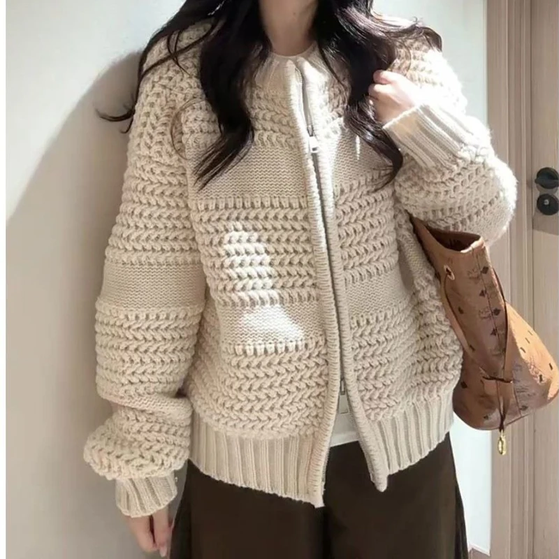 Vintage twist double zipper sweater cardigan jacket women's autumn and winter lazy senior loose knitted sweater